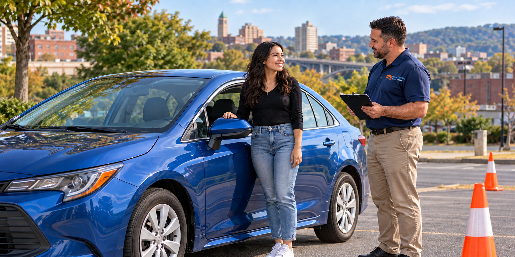 Your driving test new employee standing next to a customer Illustration of a student and examiner beside a car before a PA road test in Allentown.